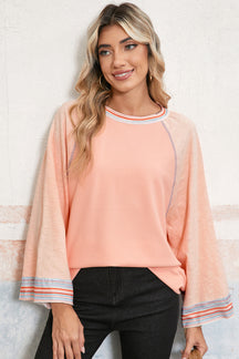 Grapefruit Orange Patchwork Long Sleeve Waffle Top-True and Wild