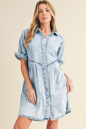 Blue Mineral Washed Ruffled Short Sleeve Pocketed Denim Dress-True and Wild