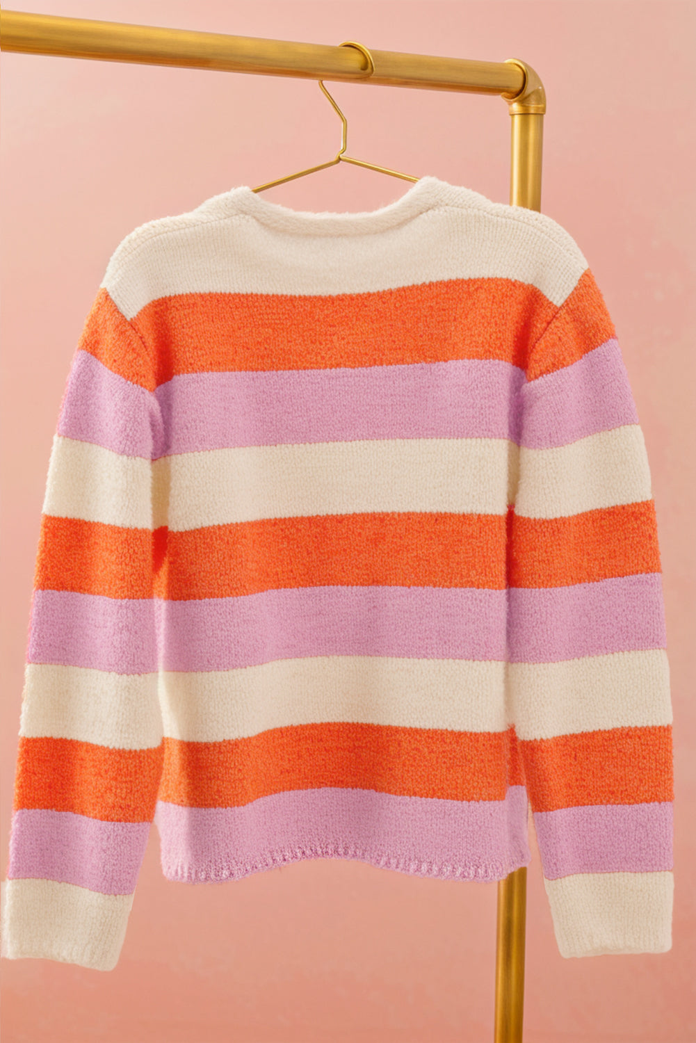 Orange Casual Stripe V Neck Side Slit Sweater-True and Wild