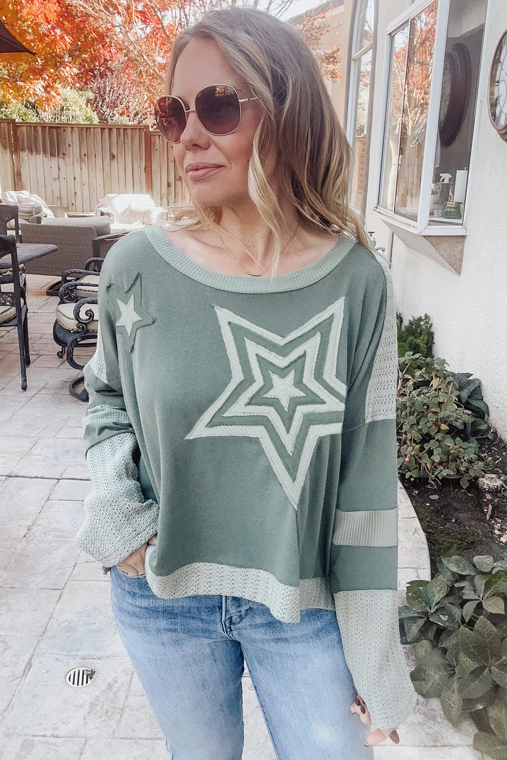 Mist Green Stars Patchwork Round Neck Plus Size Top-True and Wild