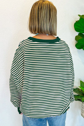 Green Stripe Nutcracker Doll Patched Drop Shoulder Long Sleeve Top-True and Wild