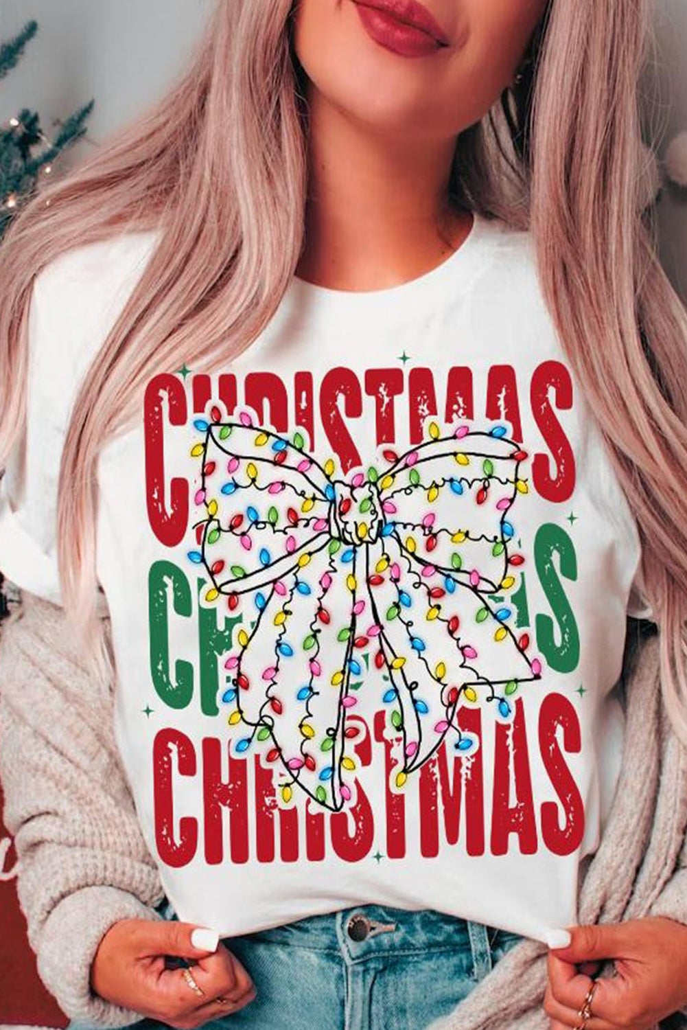 Graphic Tees - White Christmas Bowknot Graphic Tee