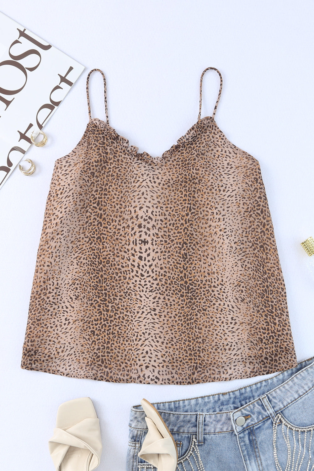 Cheetah Sexy Frill V Neck Spaghetti Strap Cami Top-True and Wild