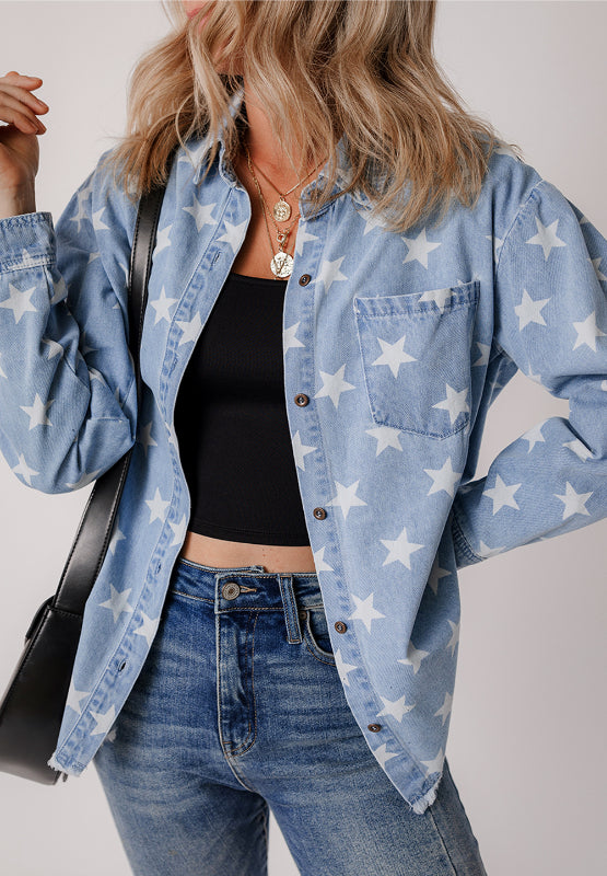 Raw Hem Star Collared Neck Denim Top-True and Wild