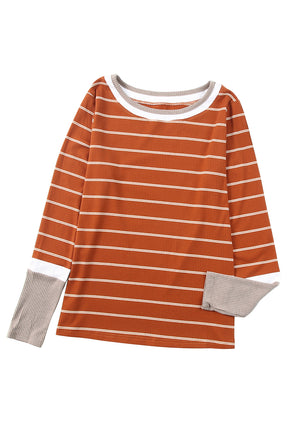 Brown Contrast Spliced Colorblock Cuffed Rib Knit Top-True and Wild