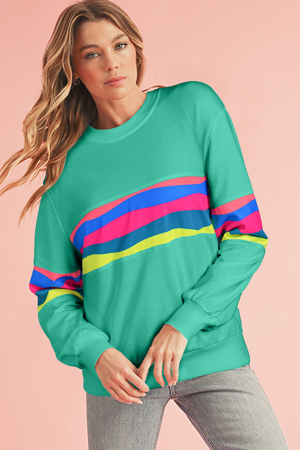 Green Colorful Striped Round Neck Long Sleeve Top