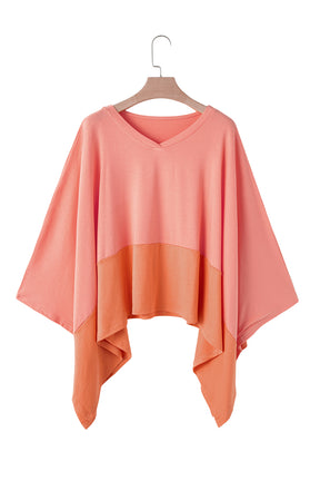 Grapefruit Orange Colorblock V Neck Slits Oversized Top-True and Wild