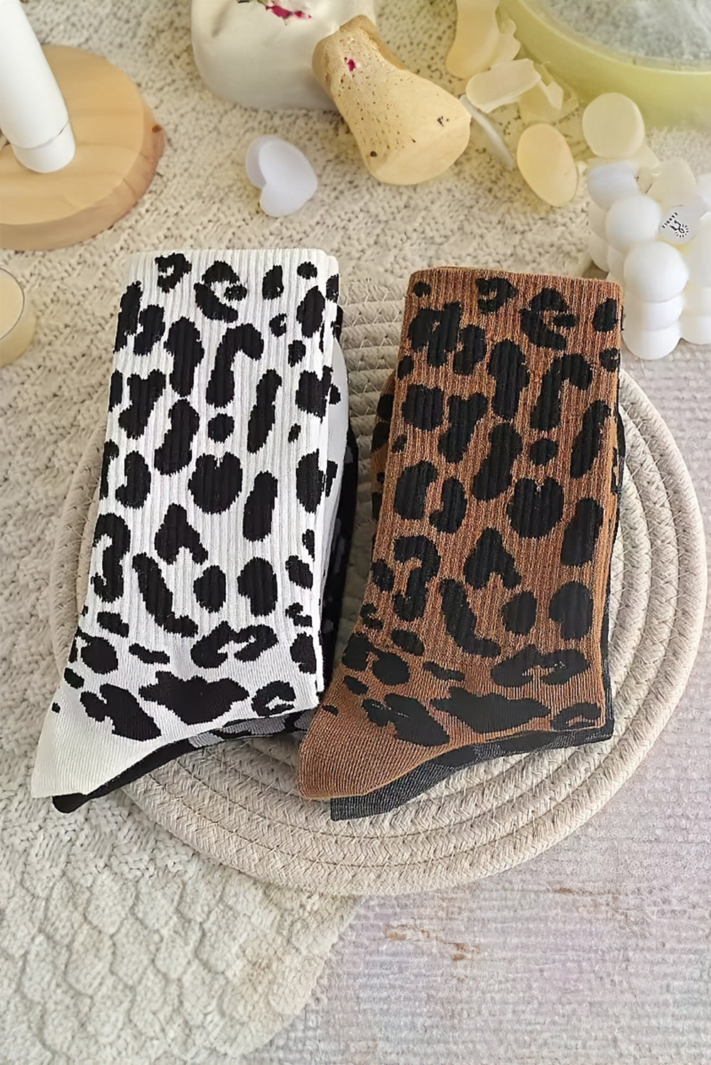 Chestnut Allover Leopard Print Crew Socks