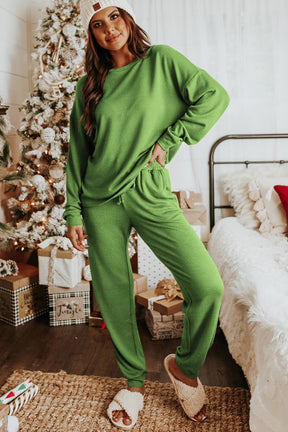 Red Casual Long Sleeve Pullover & Joggers Pajamas Set-True and Wild