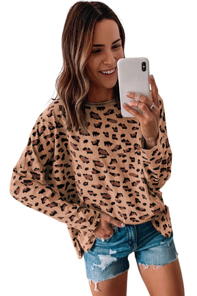 Brown Leopard Stitching Loose Long Sleeve Top-True and Wild