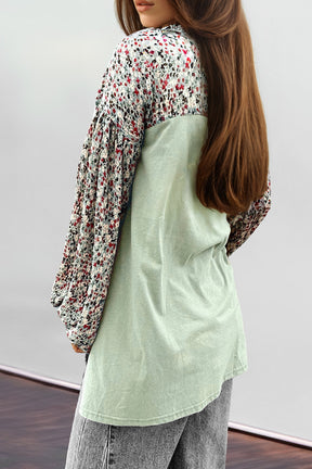 Long Sleeve Tops - Meadow Mist Green Floral Print Bubble Sleeve Henley Loose Top