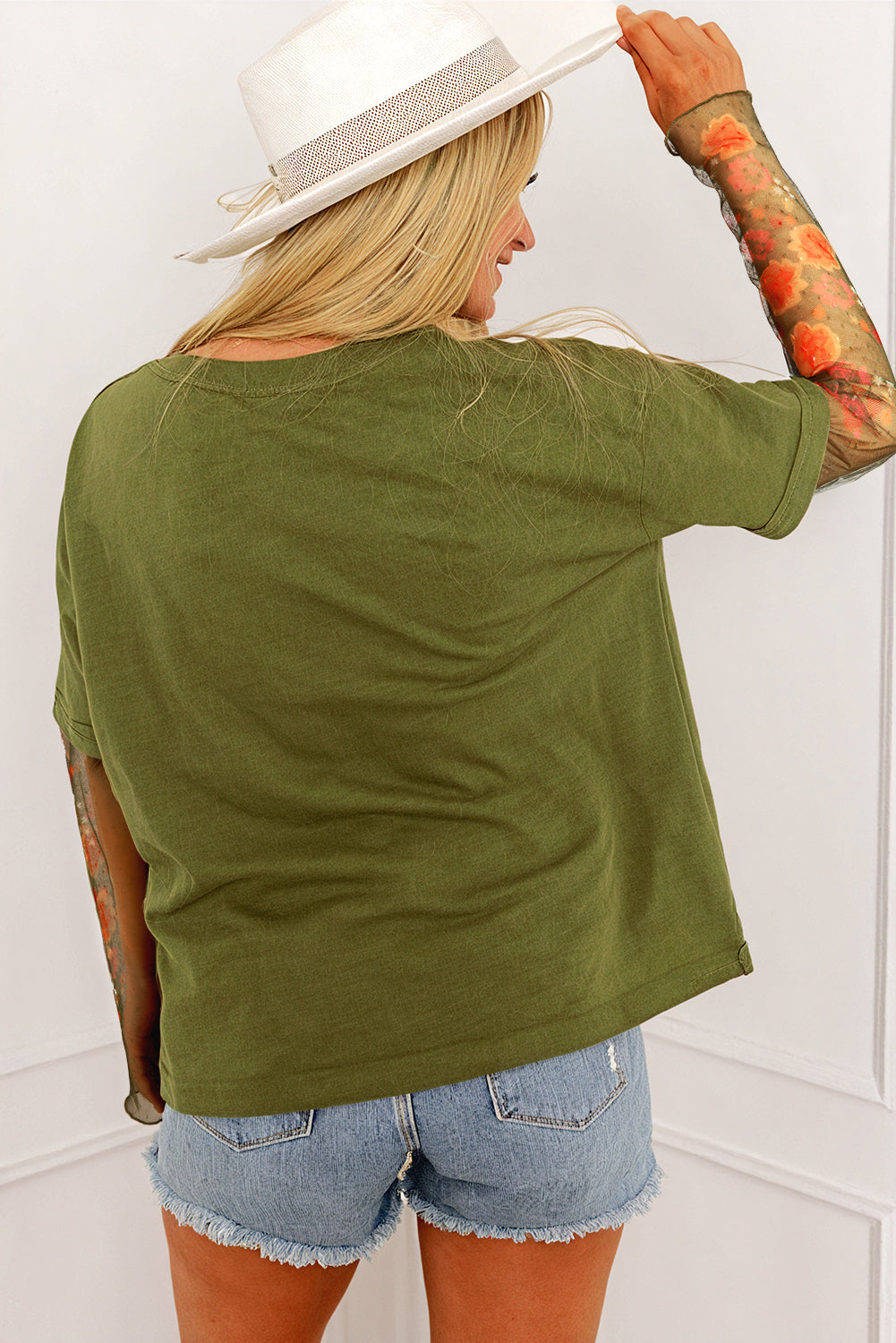 Fern Green Floral Mesh Patchwork Sleeve Crewneck Top-True and Wild