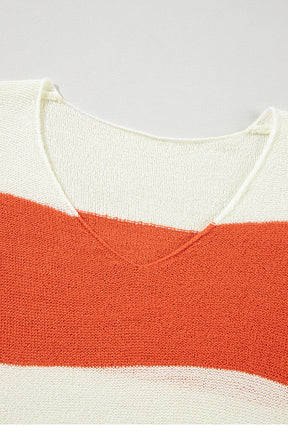 Orange Colorblock V Neck Side Slits Sweater-True and Wild