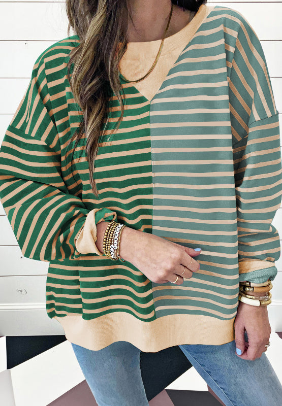 Contrast Striped Round Neck Long Sleeve Sweatshirt-True and Wild