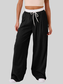 Contrast Waistband Drawstring Wide Leg Pants-True and Wild