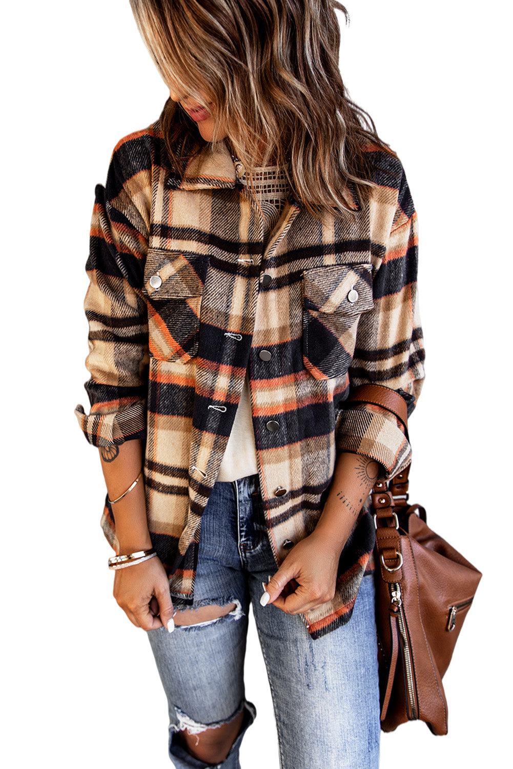 Khaki Plaid Print Casual Button Up Pocket Shacket-True and Wild