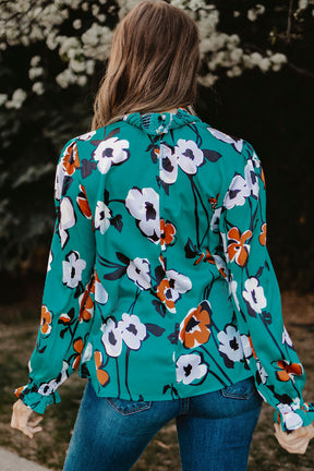 Green Mock Neck Top Floral Print Long Sleeve Silk Blouse-True and Wild