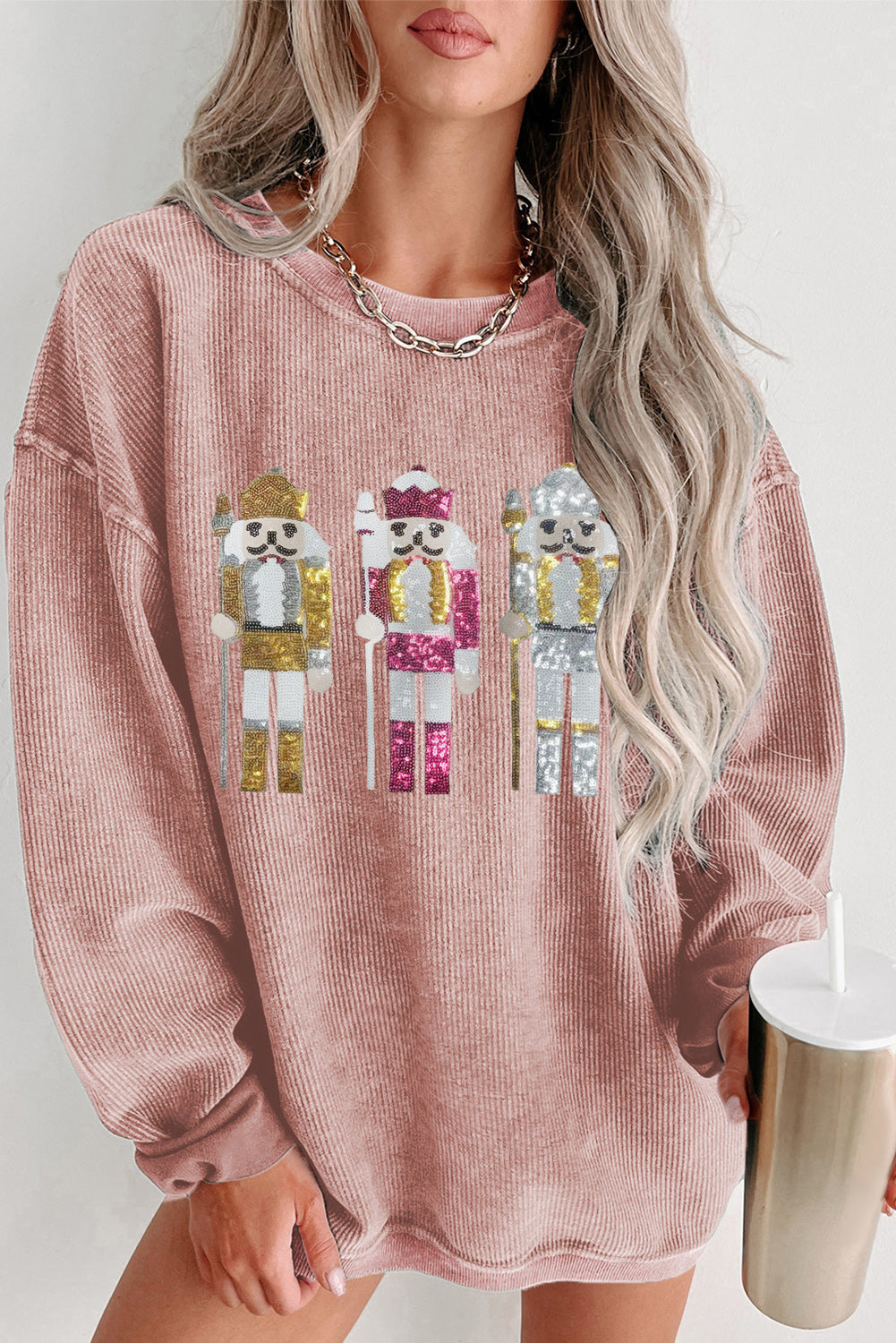 Pink Christmas Nutcracker Pattern Ribbed Oversized Sweatshirt-True and Wild