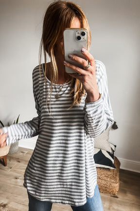 Gray Stripe Drop Sleeve Round Neck Oversized Top-True and Wild