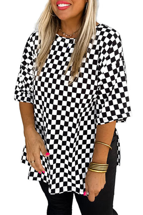 Black Checkered Print Side Slits Plus Size T Shirt-True and Wild