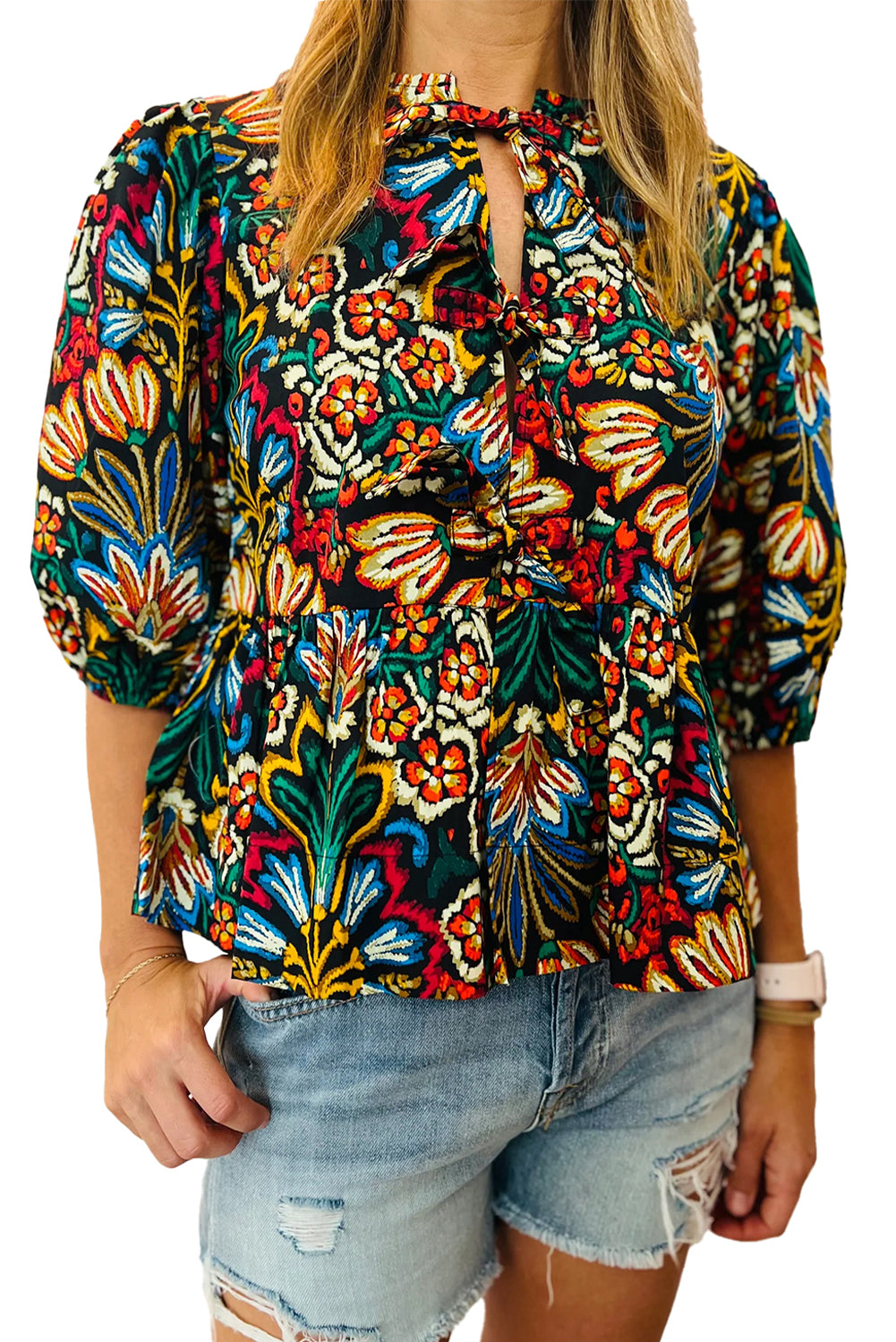 Black Bohemian Tropical Print Front Tie V-Neck Bubble Sleeve Blouse