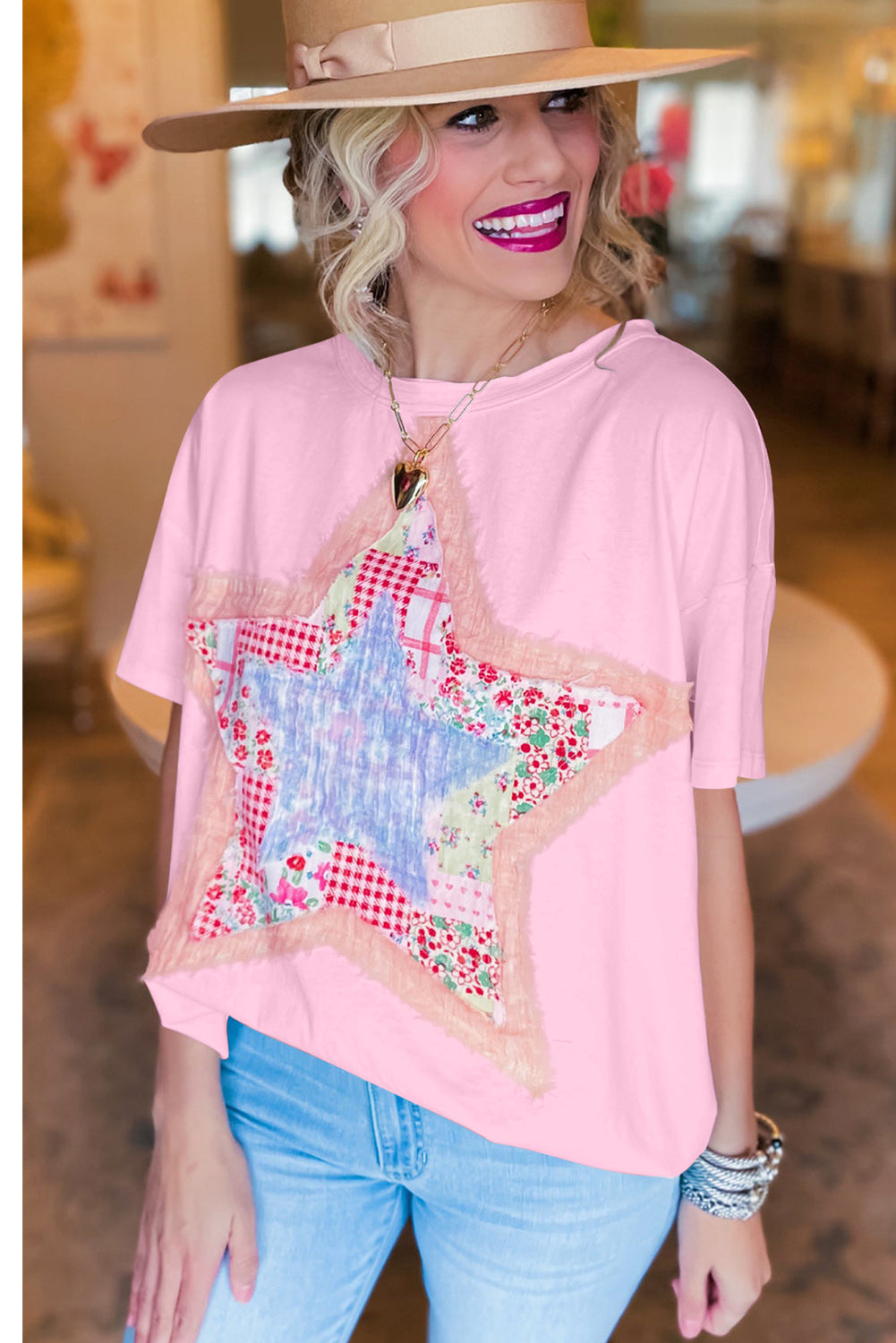 Pink Vibrant Star Patchwork Loose T-shirt-True and Wild