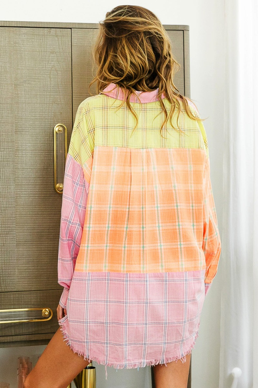 BiBi Plaid Color Block Raw Hem Shirt-True and Wild