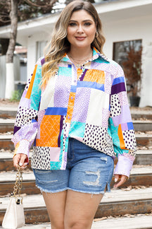 Plus Size Color Block Button Up Collared Neck Shirt-True and Wild