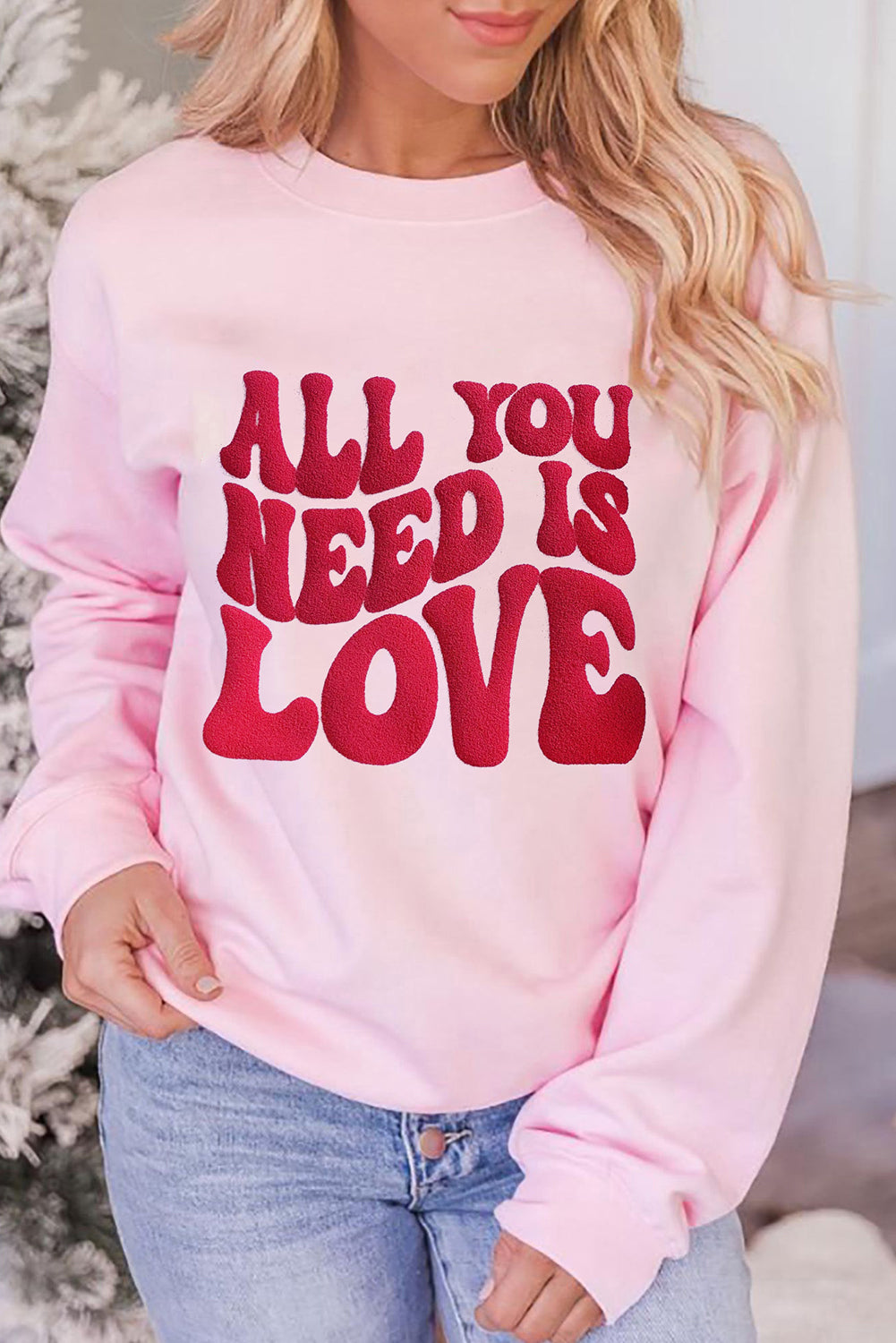 Pink ALL YOU NEED IS LOVE Valentines Slogan Printed Sweatshirt-True and Wild