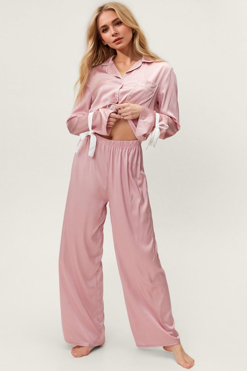 Basic Bae Tied Cuff Collared Neck Top and Pants Lounge Set-True and Wild