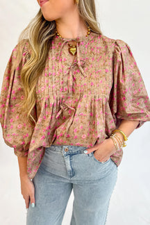 Light French Beige Ditsy Floral Print Bow Front Puff Sleeve Blouse-True and Wild