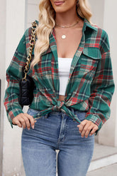 Green Plaid Chest Pocket Button Front Shirt-True and Wild