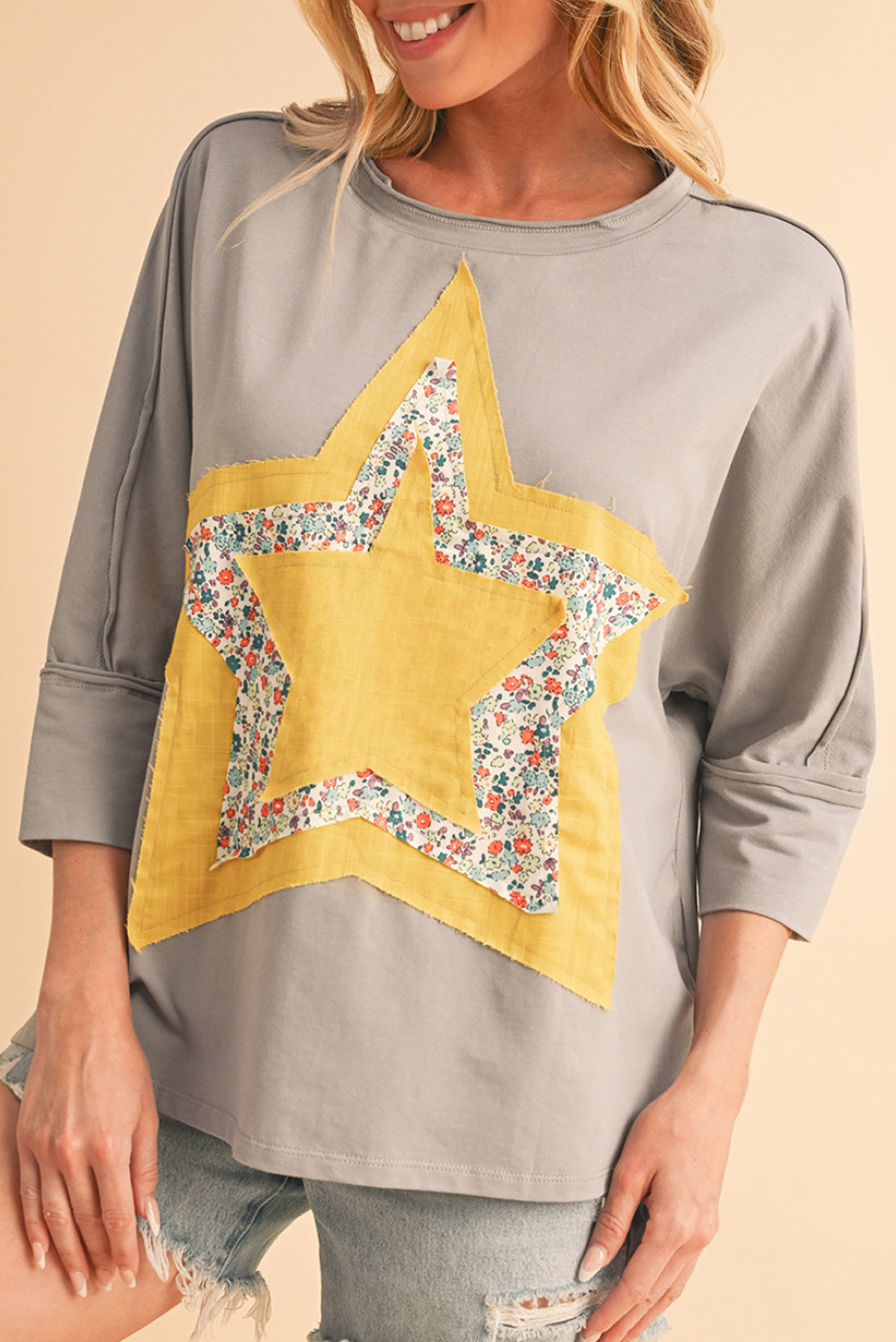 Medium Grey Floral Star Patched Exposed Seam Top-True and Wild