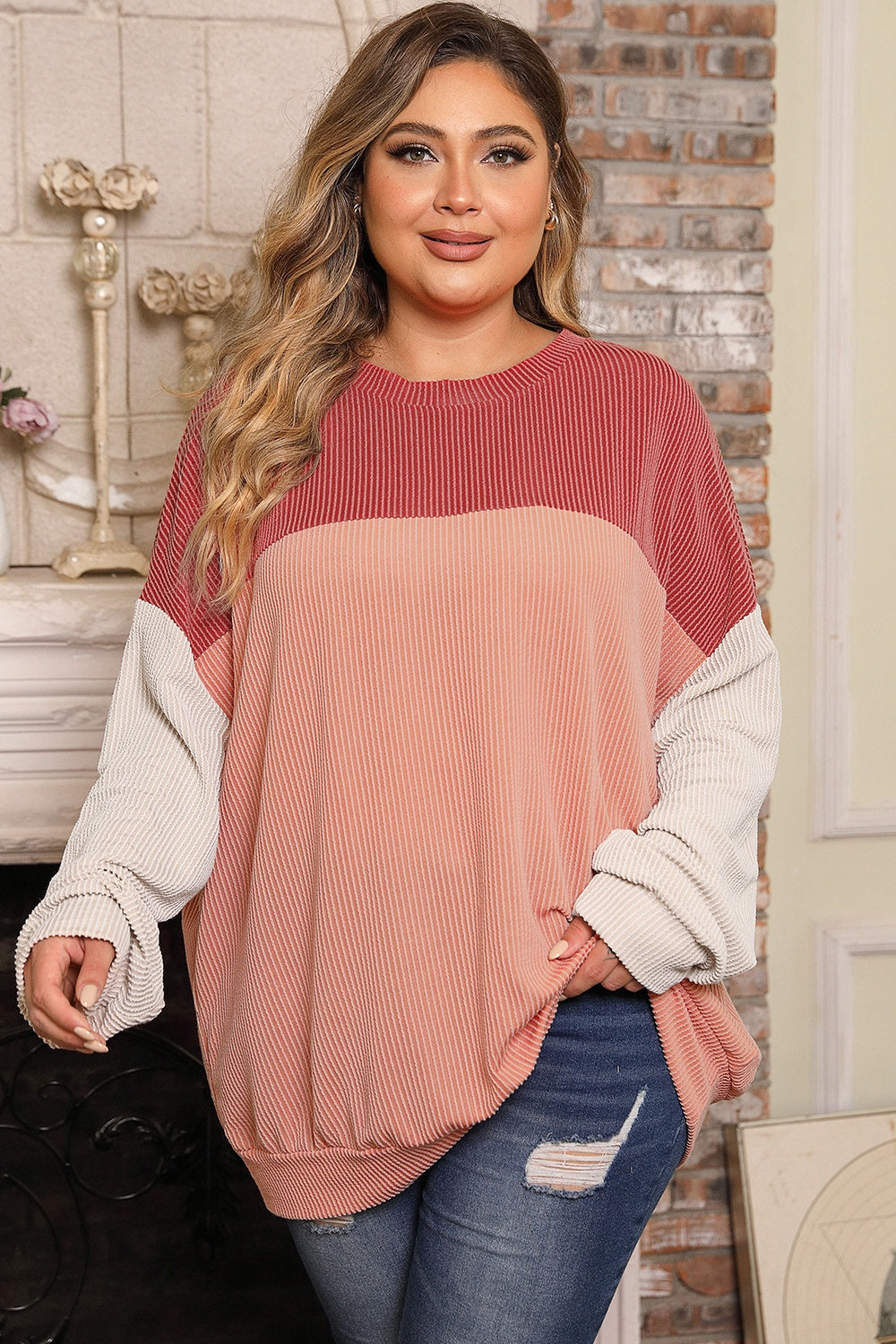 Plus Size Color Block Long Sleeve Top-True and Wild