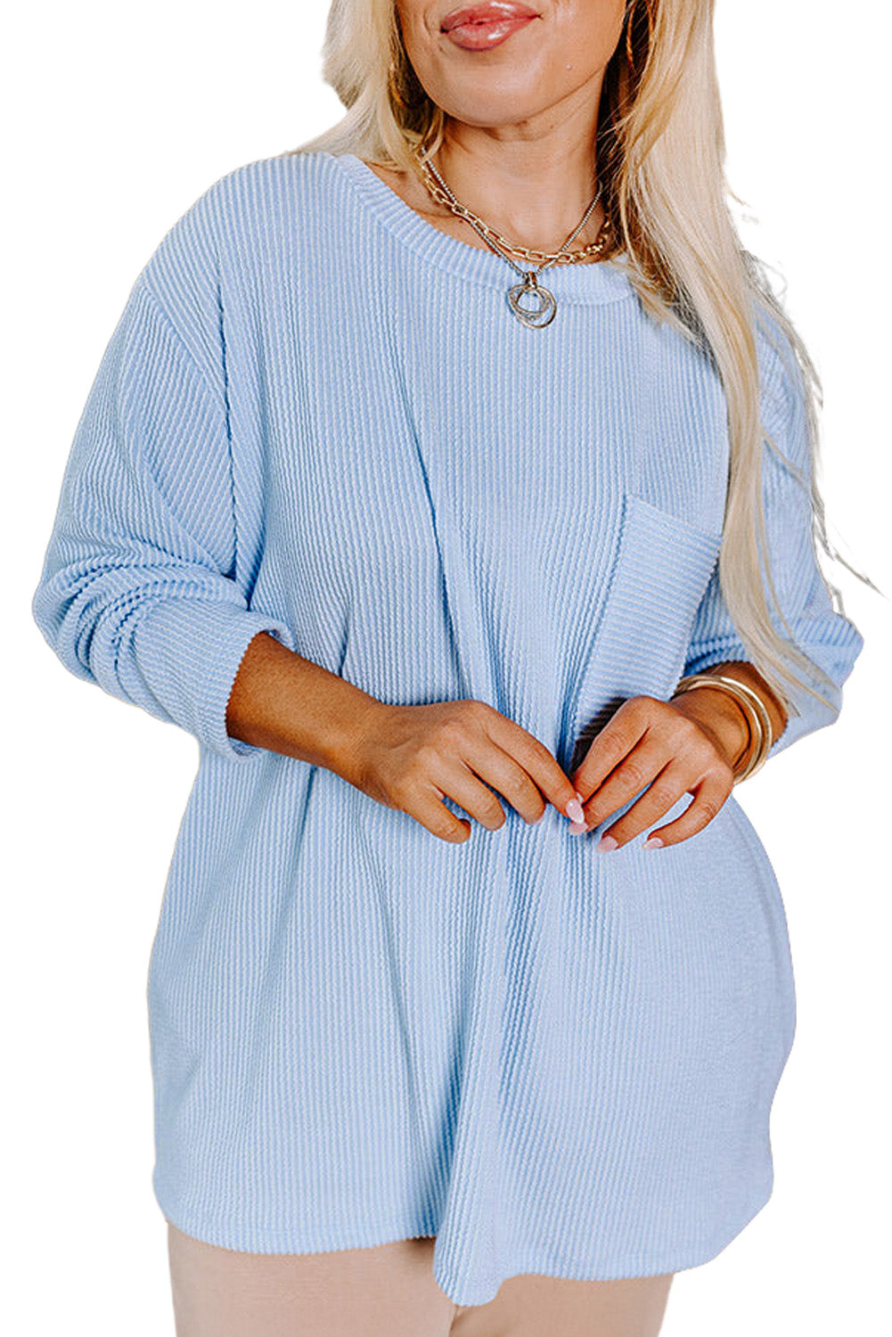 Myosotis Plus Size Ribbed Textured Pocketed Long Sleeve Top-True and Wild