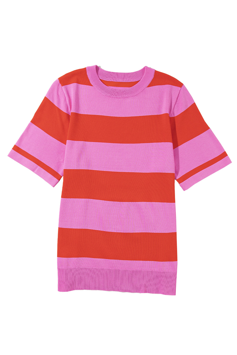 Bright Pink Colorblock Knitted Round Neck T Shirt-True and Wild