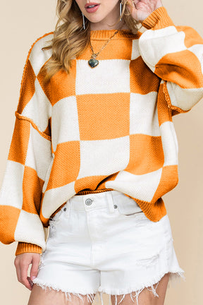 Orange & White Plaid Exposed Seam Bishop Sleeve Sweater-True and Wild