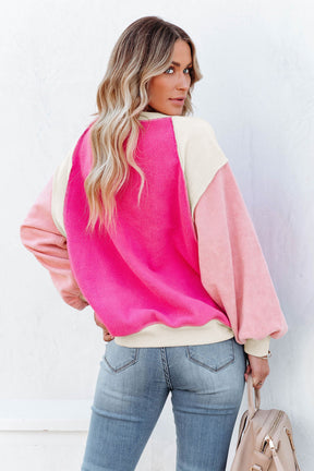 Rosy Colorblock Patchwork Plush Pullover Sweatshirt-True and Wild