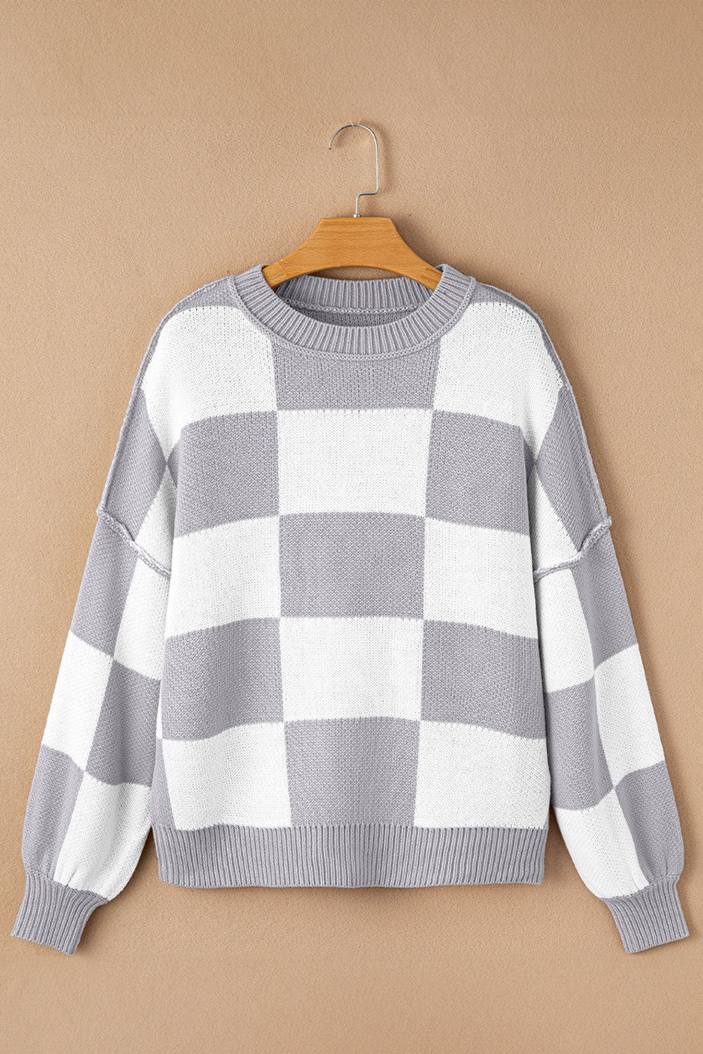 Orange & White Plaid Exposed Seam Bishop Sleeve Sweater-True and Wild