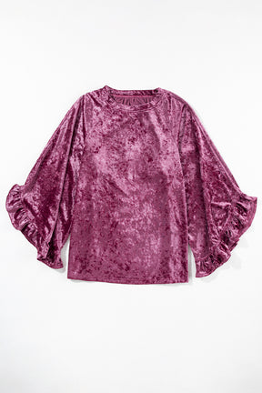 Red Dahlia Ruffle Bell Sleeve Loose Velvet Blouse-True and Wild