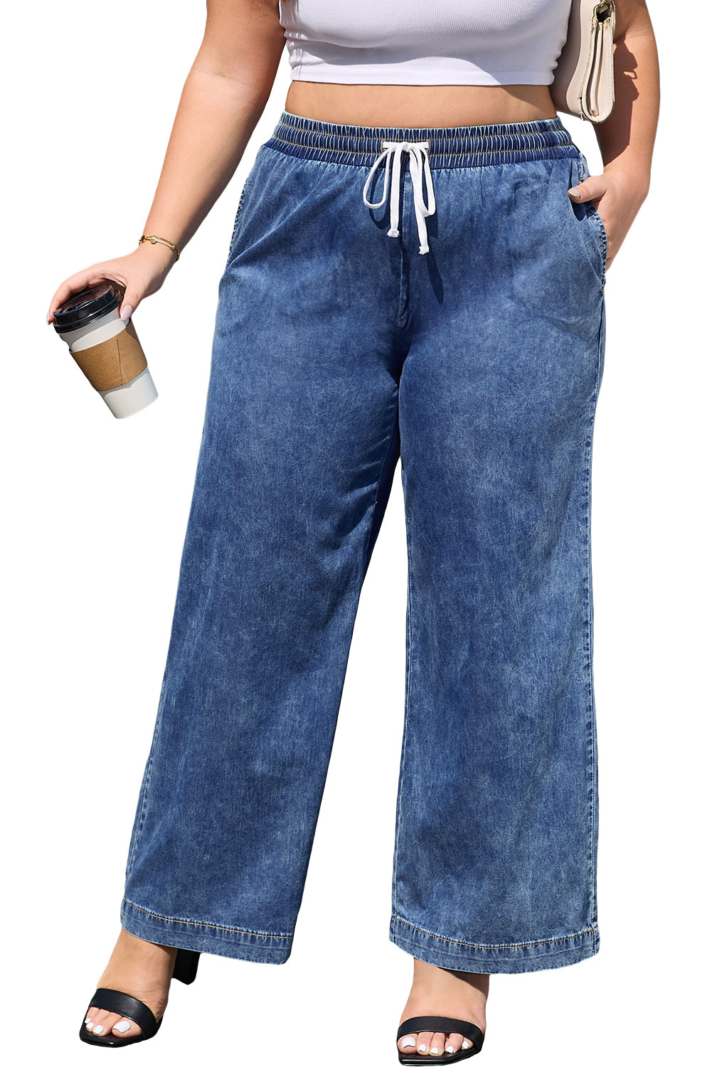 Dusk Blue Drawstring High Waist Plus Size Jeans-True and Wild