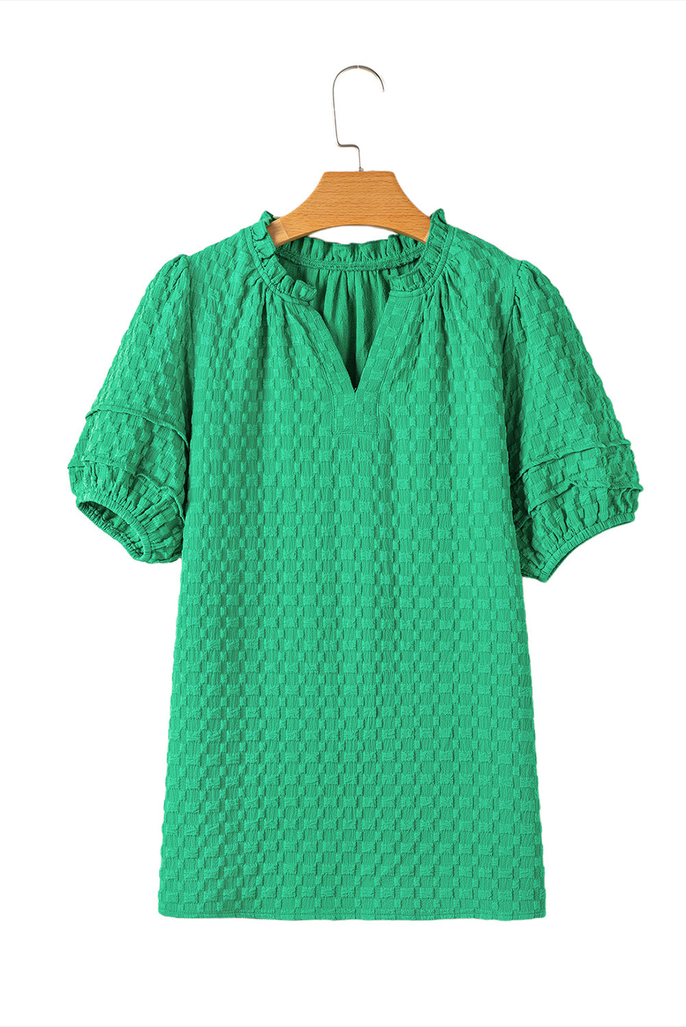 Bright Green Textured Puff Short Sleeve Notched V Neck Top