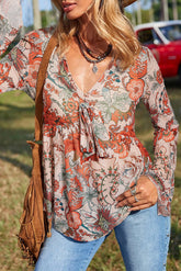 Orange Floral Bell Sleeve Pleated Blouse-True and Wild