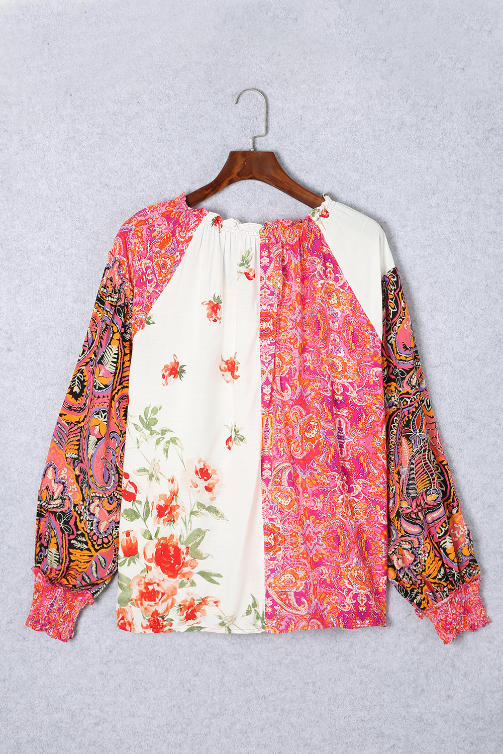 Frill Floral Shirred Cuff Long Sleeve Blouse-True and Wild