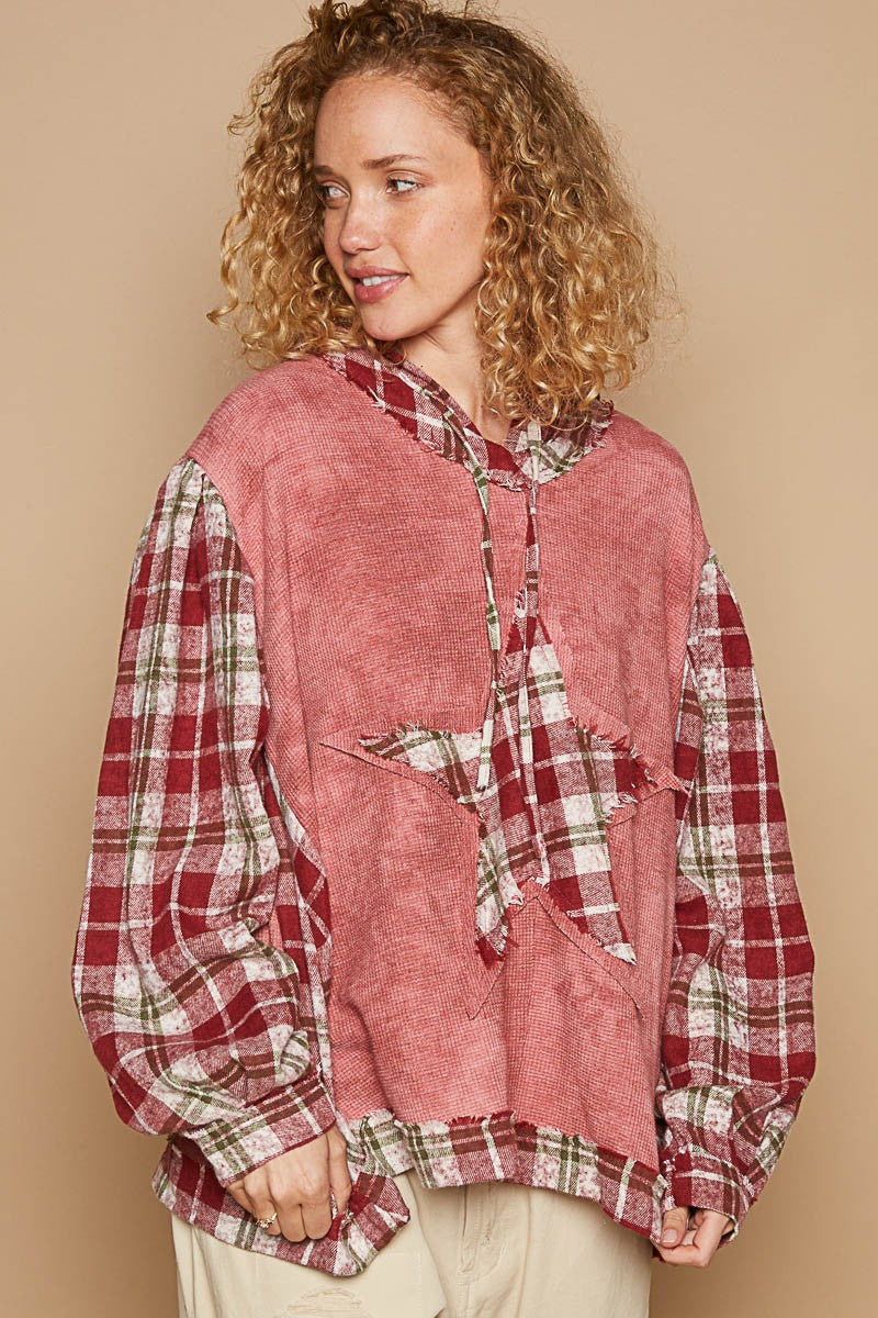 POL Star Patch Plaid Long Sleeve Hooded Top-True and Wild