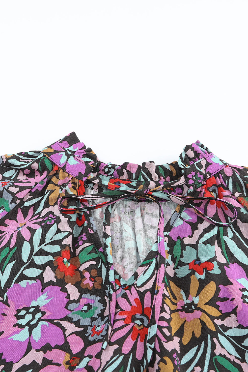 Multicolor Floral Boho Tie V Neck Peasant Blouse-True and Wild