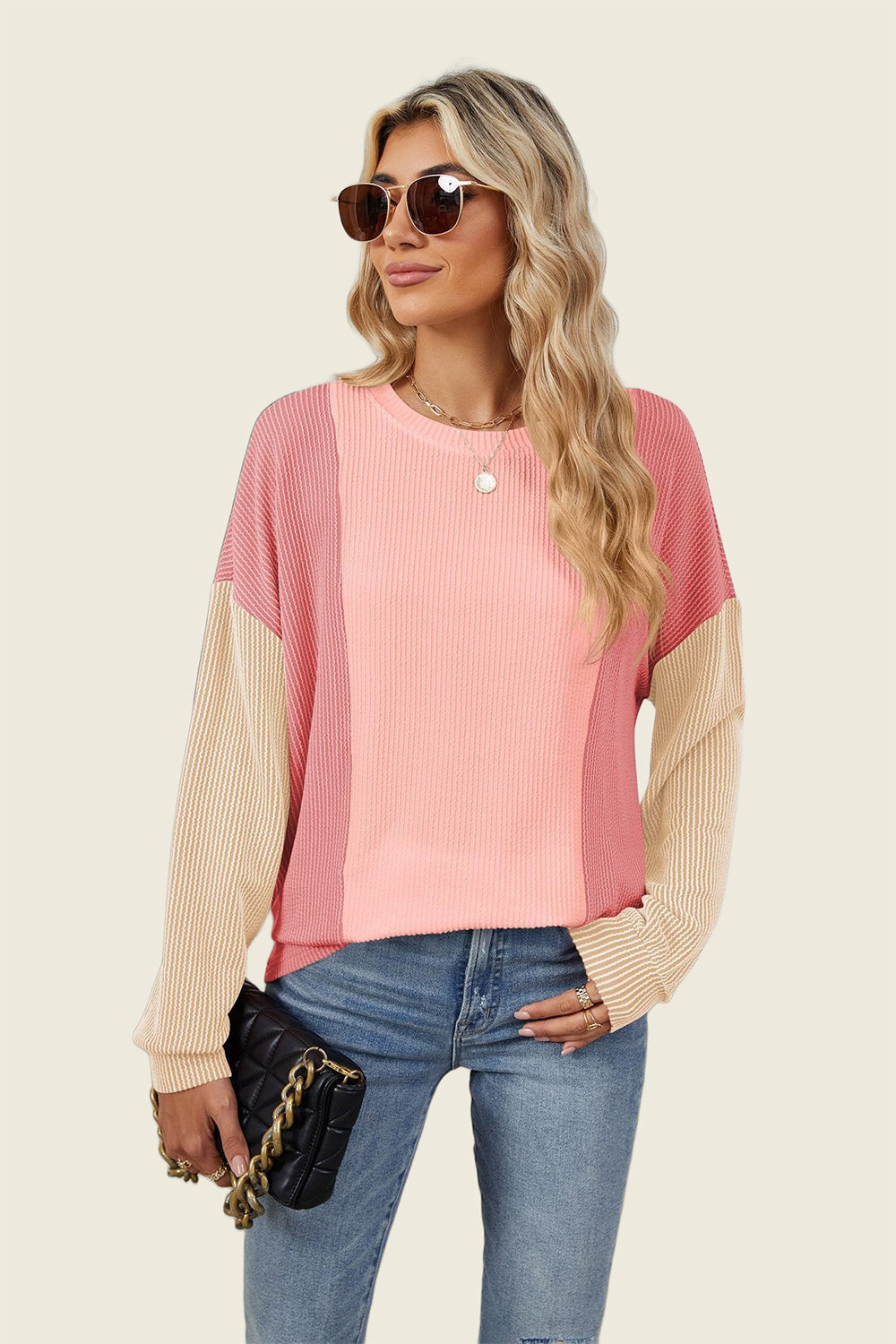 Double Take Texture Contrast Round Neck Long Sleeve T-Shirt-True and Wild