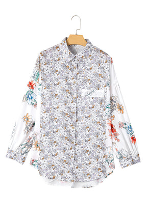 Purple Boho Floral Bishop Sleeve Button Up Loose Shirt-True and Wild