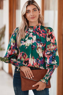 Green Abstract Print Frilled Neck Shirred Cuffs Blouse-True and Wild