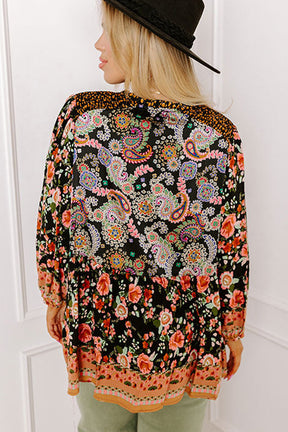 Black Plus Size Paisley Print V Neck Bubble Sleeve Blouse-True and Wild